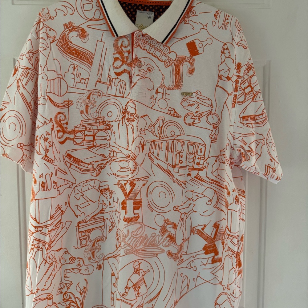 Parish Nation White Polo with Orange All-Over Sketch Print